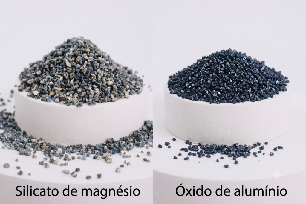imagem comparativa dos abrasivos silicato de magnésio e óxido de alumínio